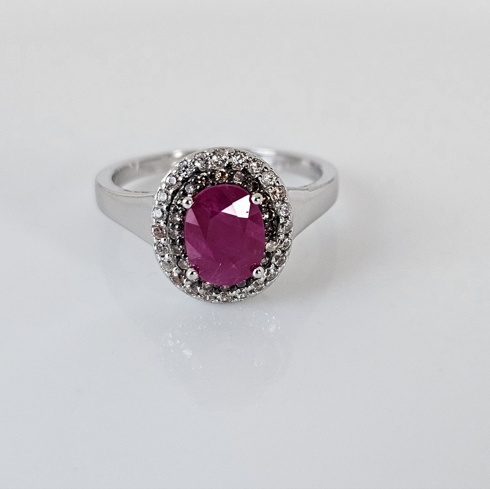 Natural Ruby & Diamond Sterling Silver Rhodium Overlay Ring Size 8!